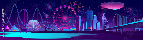 Fotografie, Obraz Vector urban concept background with night city illuminated with neon glowing lights