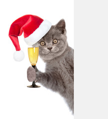 Poster - Cat in red christmas hat holding glass of champagne and peeking behind white banner. isolated on white background