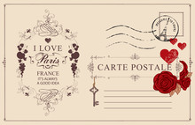 Retro Postcard With Words I Love Paris And Postmark With Triumphal Arch. Romantic Vector Postcard In Vintage Style With Red Roses And Hearts, Vignette, Rubber Stamp And Place For Text