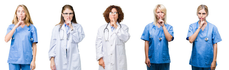 Collage of group of professional doctor women over white isolated background asking to be quiet with finger on lips. Silence and secret concept.