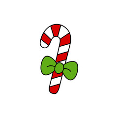 Wall Mural - Christmas candy cane vector outlined illustration icon. Festive, traditional, seasonal sweet red and white striped candy cane with green ribbon bow.