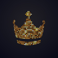 Gold mosaic dots crown vector isolated logo on dark background. Pixel art logotype of diadema, corona design element