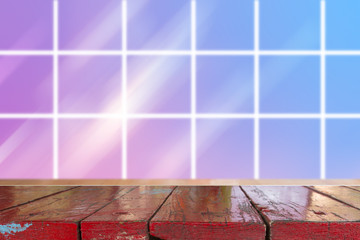 Canvas Print - wooden desk with blurred light bokeh abstract background