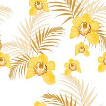 Yellow Orchids, Exotic Yellow Tropical Leaves. Seamless Pattern. White Background.