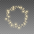 © aerynrei - Vector twisted in circle realistic yellow light garlands. Festive decoration with string of shiny Christmas lights. Glowing fairy bulbs of different sizes isolated on transparent background.
