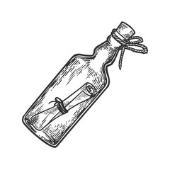 message in a bottle engraving vector illustration. scratch board style imitation. hand drawn image.