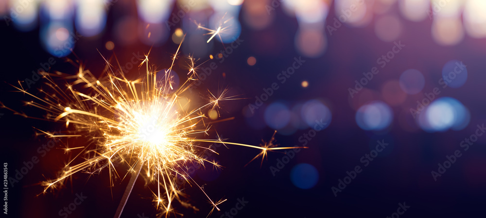 Burning sparkler, Happy New Year - obrazy, fototapety, plakaty 