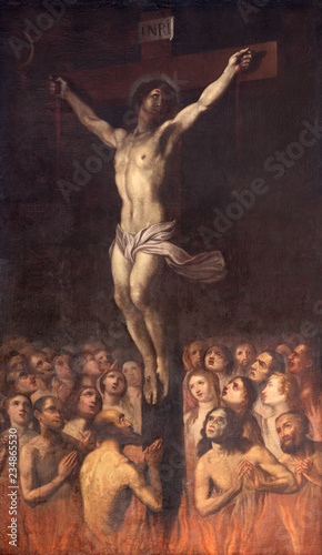 PRAGUE, CZECH REPUBLIC - OCTOBER 13, 2018: The painting of Crucifixion  among the souls in Purgatory in the church kostel Svatého Ignáce by Jan  Jiří Heinsch (1647 - 1712). - Buy this