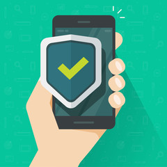 Poster - Mobile phone security protection vector illustration, flat cartoon smartphone protected with shield sign, cellphone protection or guard secure technology concept