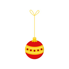 Wall Mural - Hanging christmas bauble on string vector illustration icon. Ball ornament in yellow, gold and red colors. Festive traditional seasonal decoration.