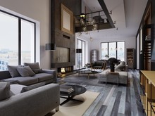 Luxury Duplex Loft-style Apartment, Contemporary Furniture And Brick Walls With Designer Fireplace In The Interior, Interior Design In The Loft Style.