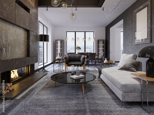 Luxury Duplex Loft Style Apartment Contemporary Furniture And Brick Luxury Duplex Loft Style Apartment Contemporary Furniture And Brick Walls With Designer Fireplace In