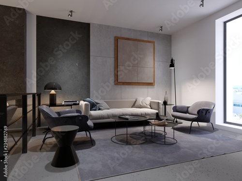 Fényképezés Contemporary recreation area with sofa, armchair and magazine table and decor