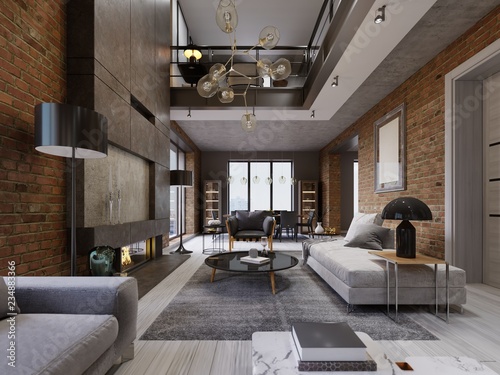Modern Loft Living Room With High Ceiling Sofa Red Brick