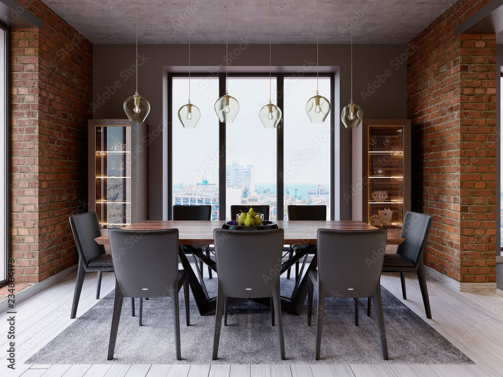 Cozy Loft With Dining Table Chairs And Storage Racks Obraz Na