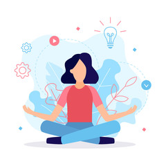 Fototapete - Girl sitting in lotus pose. Thought process, search for ideas and work on the project. Business concept. Flat vector illustration.