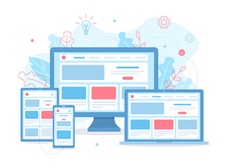 Landing page is open on different devices: laptop, computer, tablet and smartphone. Responsive web design. Flat vector illustration.