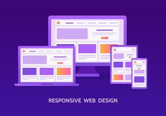 Fototapete - Responsive web design. The website is open on different screens: laptop, computer monitor, tablet and smartphone.  Flat vector illustration.