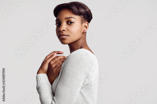 Young Beautiful Hipster Black Girl With Short Hair In White