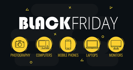 Graphics on black friday with a electronic equipment. Vector illustration with black background.