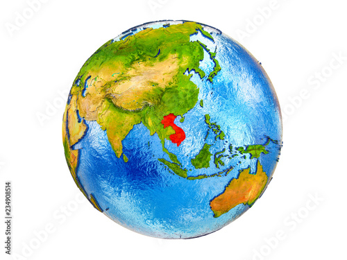 Foto Indochina on 3D model of Earth with country borders and water in oceans