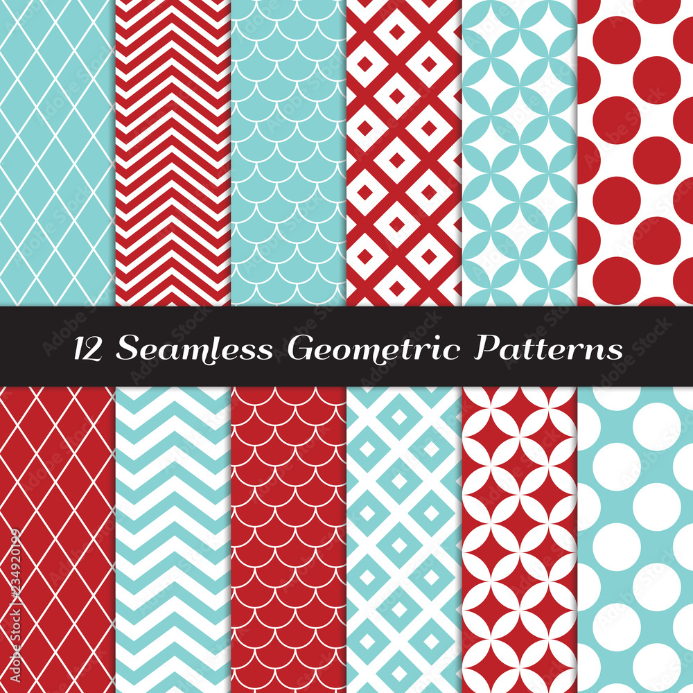 Aqua Blue and Red Geometric Seamless Patterns. Retro Mod Backgrounds in ...