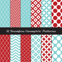 Aqua Blue And Red Geometric Seamless Patterns. Retro Mod Backgrounds In Jumbo Polka Dot, Diamond Lattice, Scallops, And Chevron Patterns. Repeating Pattern Tile Swatches Included.