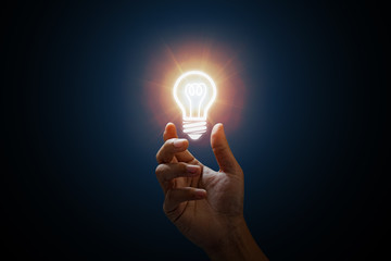 Poster - Business idea. Men hand holding light bulb