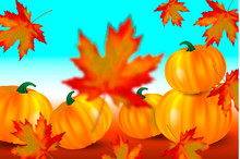 Bright Orange Pumpkins And Falling Red Maple Leaves On A Blue Autumn Background. Seasonal Banner With Copy Space For Your Text. Vector Illustration