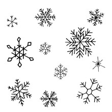 Collection Of Christmas Snowflakes, Modern Flat Design. Can Be Used For Printed Materials.  Winter Holiday Background. Hand Drawn Design Elements. Festive Stickers Card.
