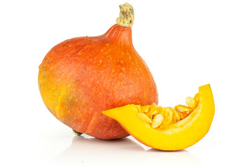 Group of one whole one slice of fresh red kuri pumpkin hokkaido variety isolated on white background