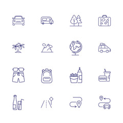 Aufkleber - Journey and trip icons. Set of line icons. Snack, route, transportation. Adventure concept. Vector illustration can be used for topics like hiking, travel, vacation