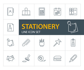 Aufkleber - Stationery line icon set. Calculator, calendar, badge. Work tools concept. Can be used for topics like office equipment, facilities, workplace