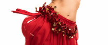 Beautiful Belly Dancer Young Woman In Gorgeous Red And Gold Costume Dress. Part Of Body
