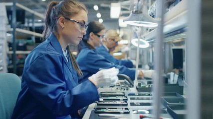 Wall Mural - Female Electronics Factory Worker in Blue Work Coat and Protective Glasses is Assembling Printed Circuit Boards for Smartphones with Tweezers. High Tech Factory with more Employees in the Background. 