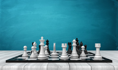 Poster - 3d rendering of a chess board with black and white chess on a wooden desk.