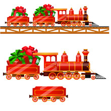 Little Red Train With Wagons By Rail Carries Boxes With Christmas Gifts Isolated On A White Background. Vector Cartoon Close-up Illustration.