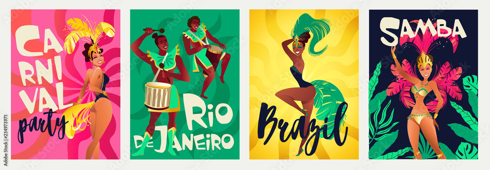 Brazilian annual carnival festival celebrations realistic colorful posters set with traditional musical instruments costumes isolated vector illustration. - obrazy, fototapety, plakaty 