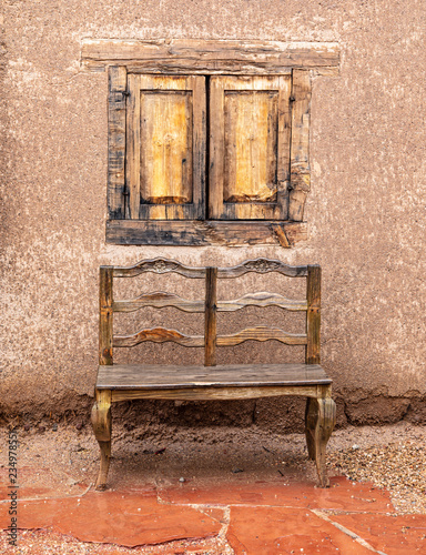 Old Wooden Bench By Wooden Framed Window Buy This Stock Photo
