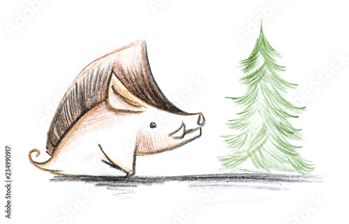 Boar And Christmas Tree Hand Drawn Sketch Illustration With