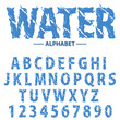 Water drops alphabet, Modern futuristic splash headline letters and numbers, abstract liquid font typography.
