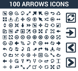 Poster - 100 arrows universal icons set with Skip Track, Backward Arrow, Enter Left, Loading Arrows, Three Curved Expad Counter Zoom Directions, Exit Top Right, Diagonal Resize