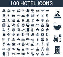 100 Hotel Universal Icons Set With Building, Parking, Bathtub, Meal, Air Conditioner, Television, Reception, Room Key, Restaurant