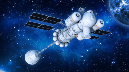 Wall Mural - spaceship with solar panels in deep space, ufo spacecraft flying in the universe with planet and sta