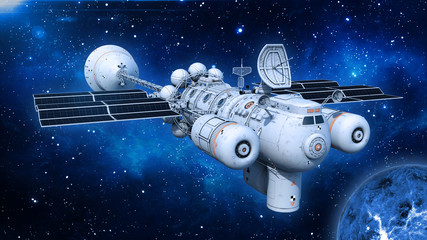 Wall Mural - spaceship with solar panels in deep space, ufo spacecraft flying in the universe with planet and sta