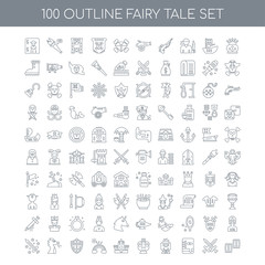 100 fairy tale outline icons set such as Crown linear, Sword Spe