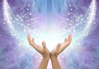Wall Mural - Bathing in Beautiful Healing Resonance  - female cupped hands reaching up into an arc of shimmering sparkles on a glowing purple blue ethereal energy formation background with copy space