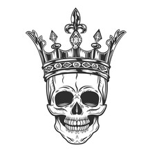 Vintage Prince Skull In Crown Monochrome Isolated Vector Illustration
