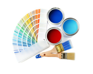 Set of painting tools on white background, top view