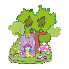 Wall Mural - little fairy with monster in the field and tree